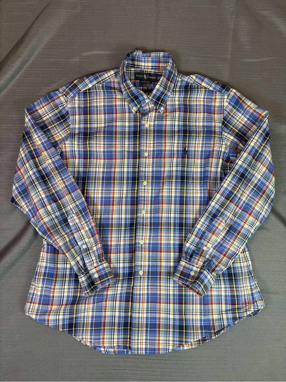 Ralph Lauren Custom Fit Plaid Button Down Shirt XL Blue Yellow Red Cotton